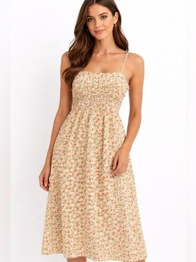 WAYF 100% Cotton Floral Midi Sundress Size L Kentucky Derby Orange Yellow Print